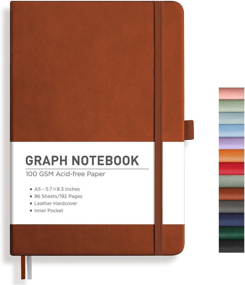 RETTACY Graph Grid Paper Notebook, 192 Pages, A5 Medium Size (5.7'' x 8.3''), 5 Squares per Inch, Leather Hardcover, 100 GSM Thick Paper, for School, Students, Math, Engineering (Brown) - Image 1